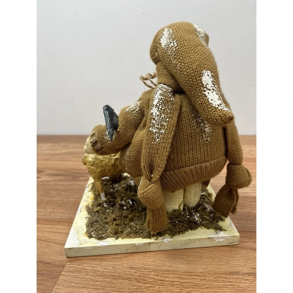 Folk Art Mixed Media Snowman with Farm Animal Friends Sheep Chickens Birds